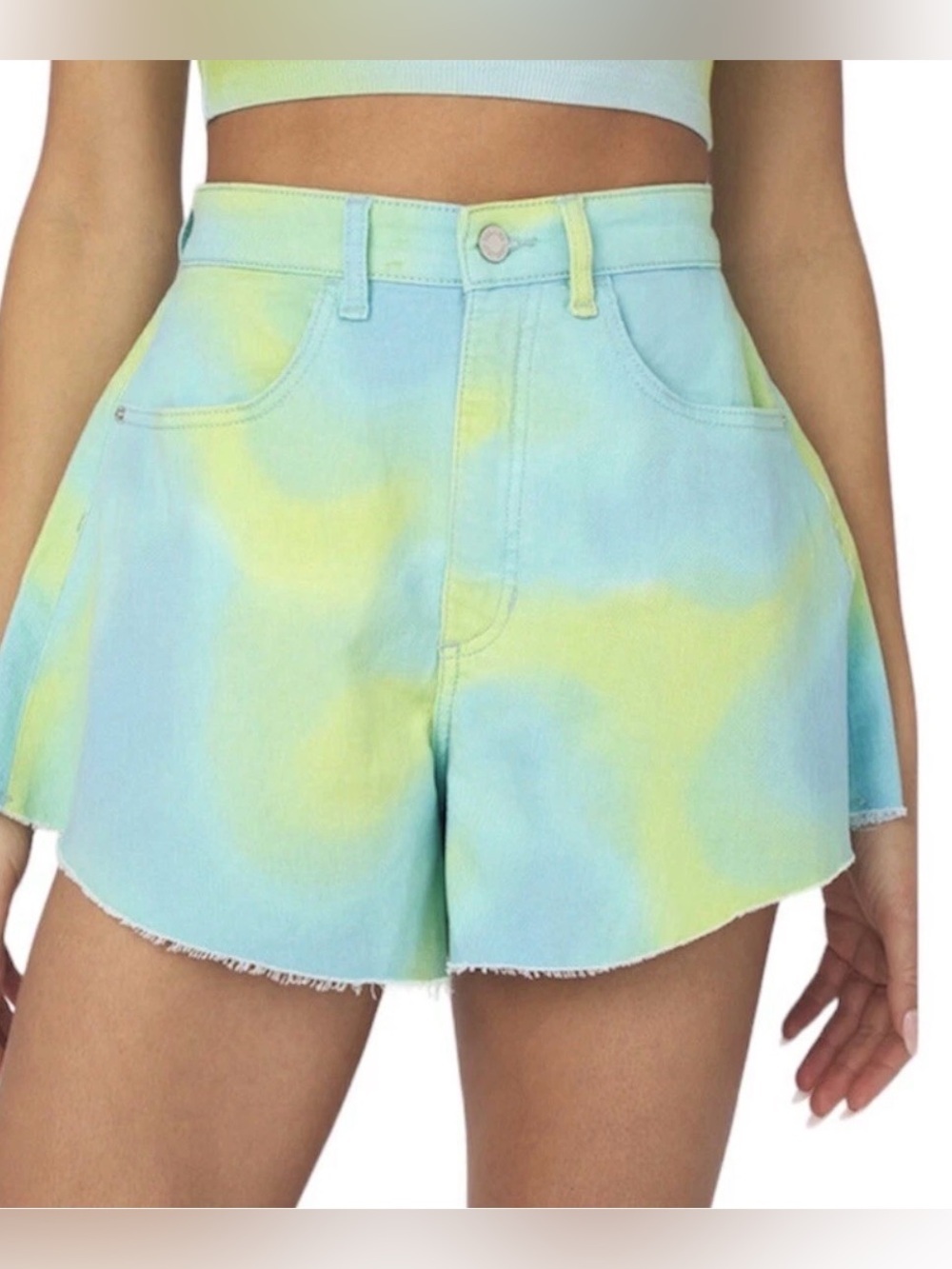 WeWoreWhat Flare Bell Short Size 27 Stretch Denim Tie Dye Blue NEW 69.00